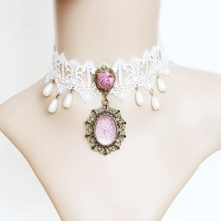 

Princess Sweet Lolita jewelry White lace necklace female short necklace light purple gem rose vintage jewelry JL-94