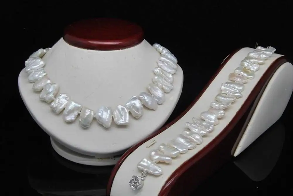 

AAA Natural Shape White Biwa Pearl Necklace Bracelet Set (18''7.5'' Long)