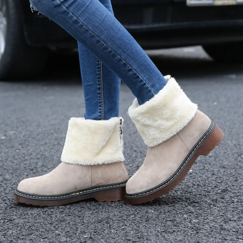 

Fashion Zipper Ankle Microfiber Winter Snow Boots for Women Low Round Toe Wedges Boots Fur Sewing Turned-over Edge Warm Shoes
