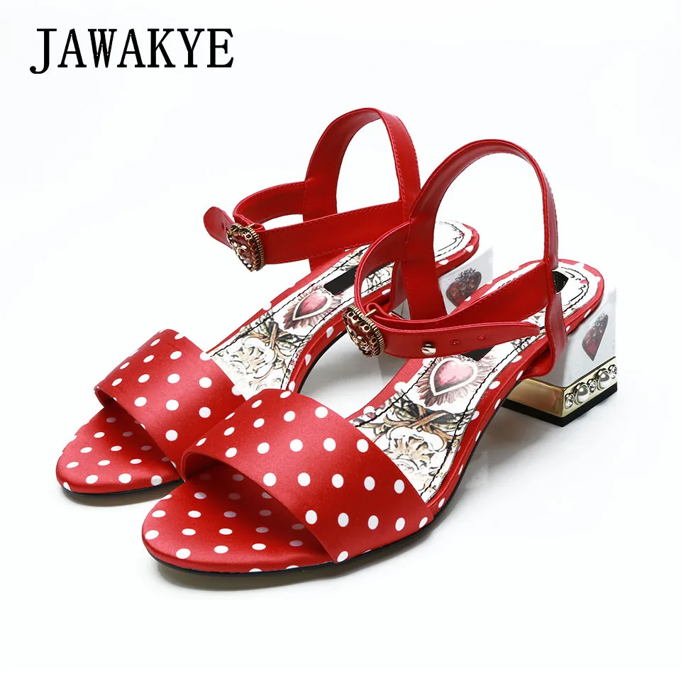 

New Jeweled Low Heels Fashion Sandals Women Silk Polka dot one strap Square Chunky heel Summer Shoes Woman studded Sandals