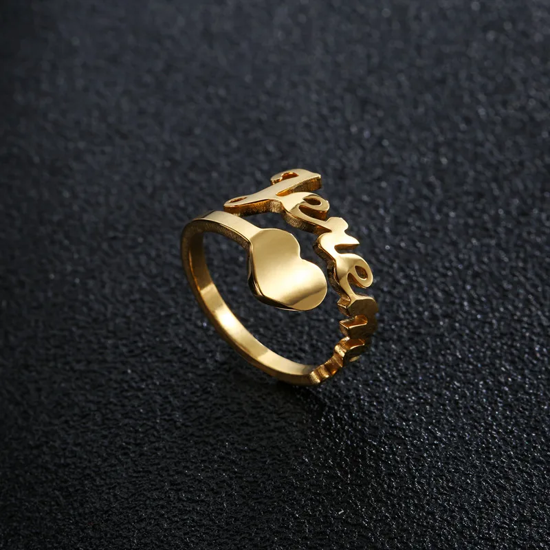 Custom Spiral Name Rings For Women Wedding Bijoux Stainless Steel Personalized Gold Color Plated Nameplate Rings With Heart