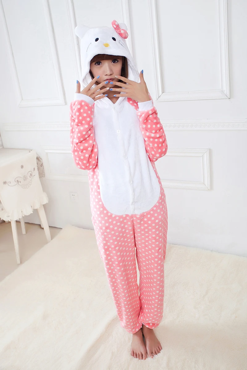 Pink Kitty Cat Onesies Animal Women Adult Flannel Pajamas Jumpsuit