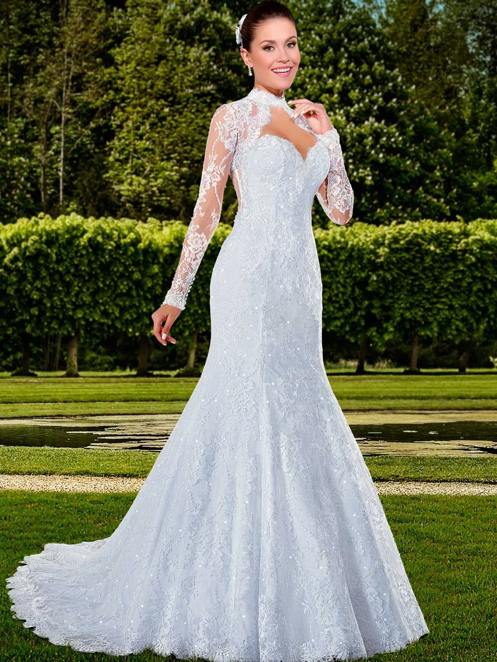 

Mermaid vestido de noiva vintage 2019 Brazil Style Lace Wedding Dresses Court Train Open Back KQ26