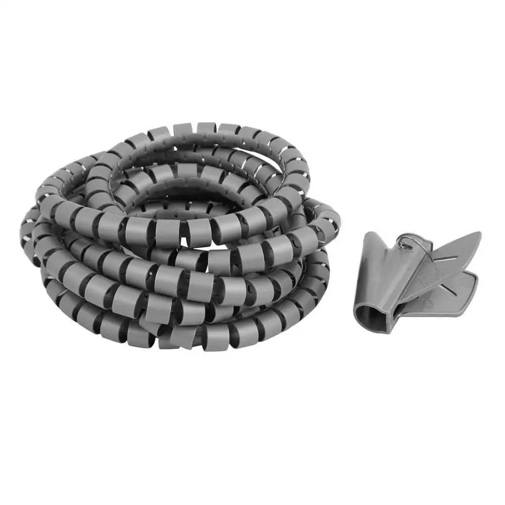 

3M Length Black Grey 15mm Spiral Wire Organizer Wrap Tube Flexible Manage Cord for PC Computer Home Hiding Cable with Clip