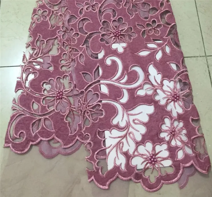 

Pink Nigerian French Lace Fabrics 2018 African Beaded velvet Tulle Lace Fabric High Quality African Lace Wedding Fabric For Dres