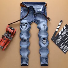 Мужские повседневные хлопковые джинсы в стиле хип-хоп с дырками, обтягивающие джинсы, брюки для мужчин на весну и лето, обтягивающие джинсы с принтом, брюки больших размеров