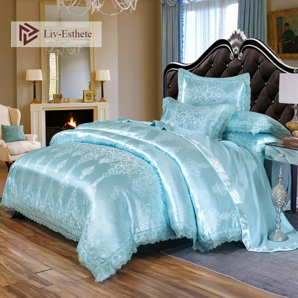Liv Esthete European Luxury Blue Satin Jacquard Bedding Set Lace