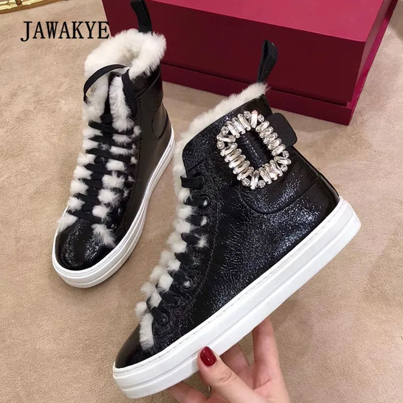 

2019 Bling Rhinestone Snow Boots Woman Round Toe Wool Fur Warm Ankle Boots Winter For Women
