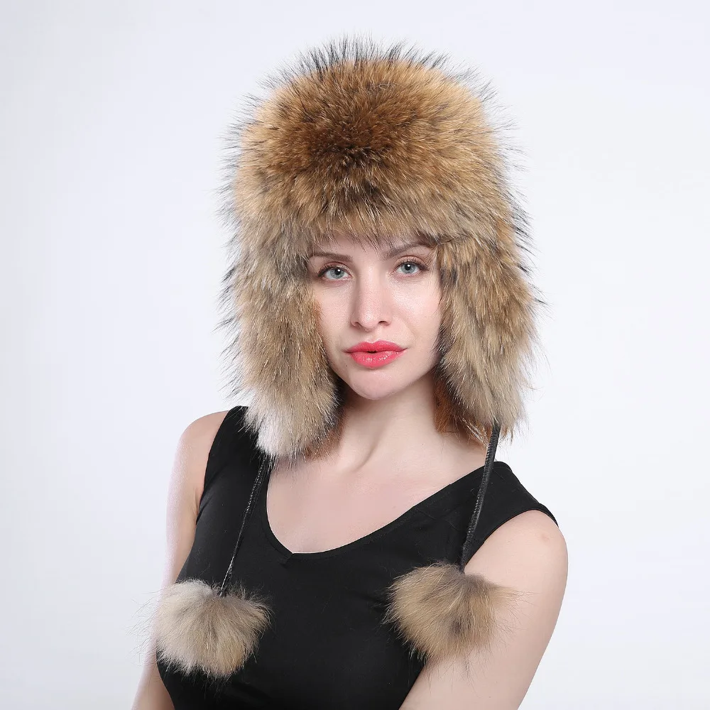 women's genuine fox fur Trapper Hat with pom poms winter ear flaps