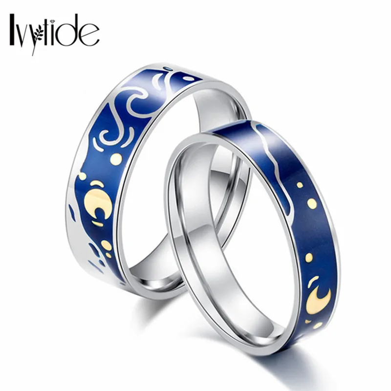 

Van Gogh Starry Couple Ring Blue Starry Night Stainless Steel rings for Women man Jewelry Engagement Ring