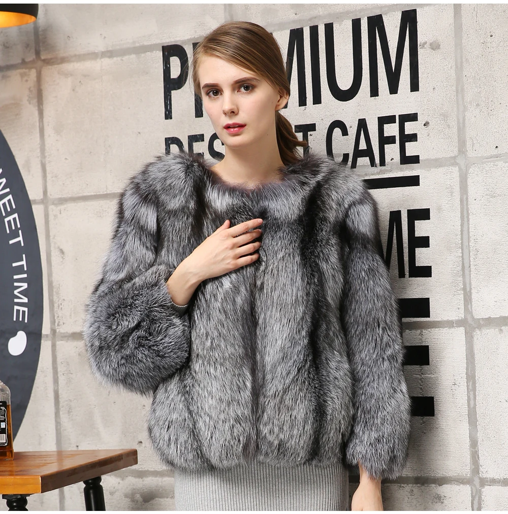 Леди Настоящее серебро лисий мех пальто натуральный для женщин натуральным лисьим мехом зимняя куртка с отделкой из меха Теплый Высокое качество натуральн