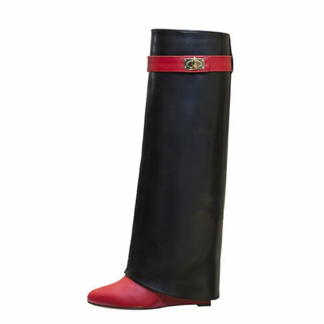 Mstacchi/женские сапоги до колена на танкетке с застежкой в виде акулы; черные кожаные сапоги на высоком каблуке; женские сапоги на танкетке с острым носком; большие размеры 10 - Цвет: Black Red