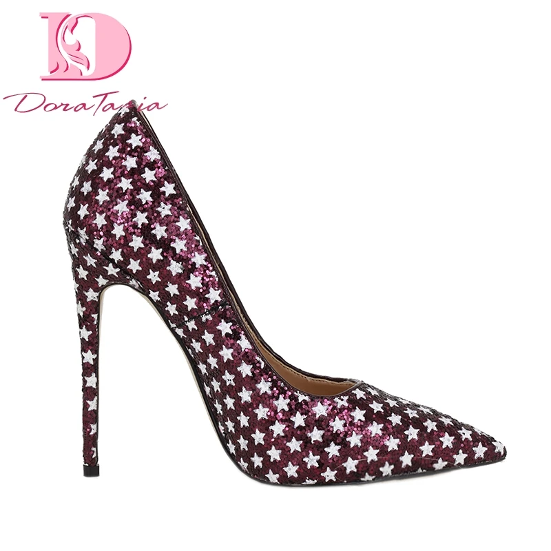 

DoraTasia top quality plus Size 42 Women Shoes chic Style Sexy wine Party Pumps Fashion Glitter thin High heels stars Stiletto