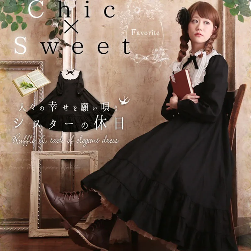 

Harajuku Spring Vintage Black Dress Women Mori Girl Retro Long Sleeve Bow Elegant Female Kawaii Lolita Princess Dress A167