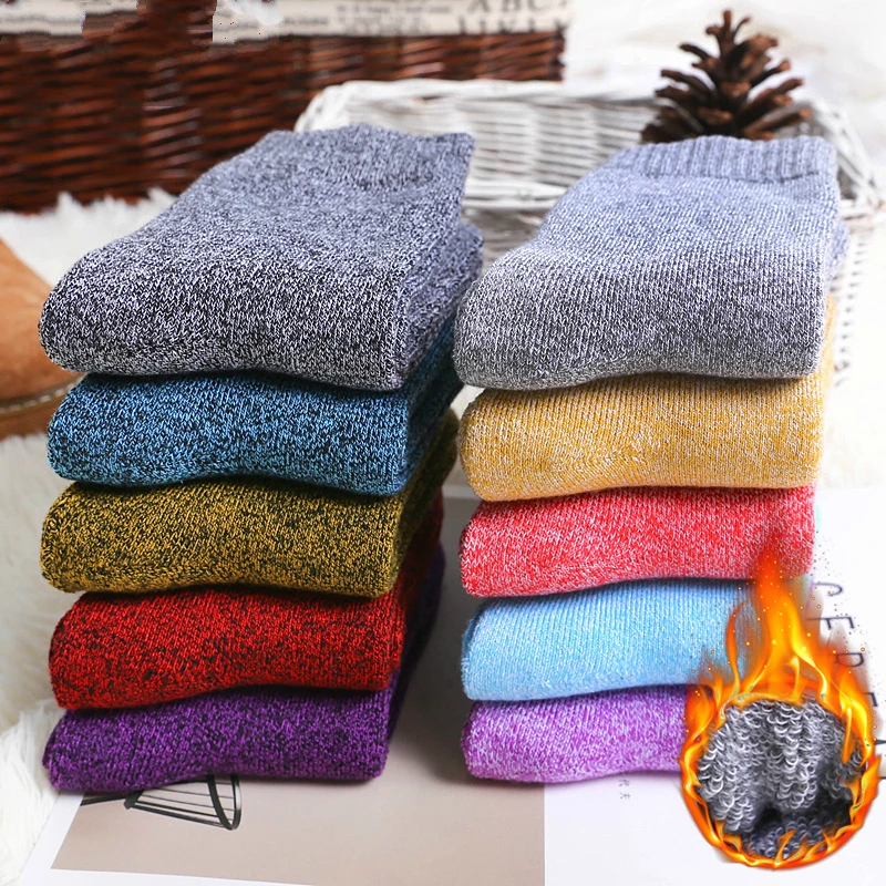 

Winter new women's thick warm high quality pure cotton socks high elasticity solid color wool casual socks