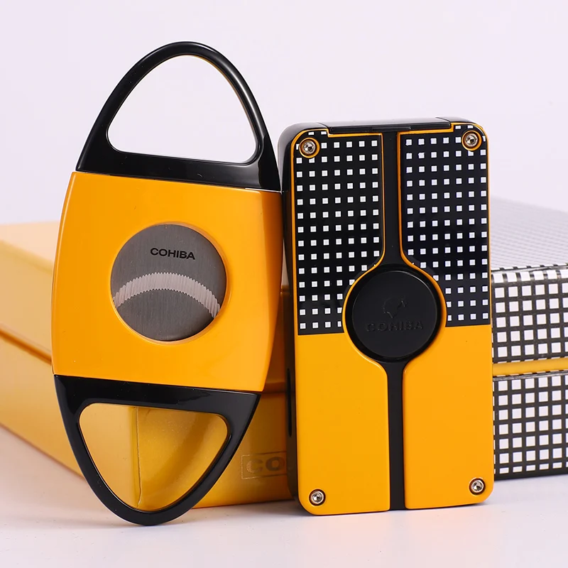 

COHIBA Stainless Steel Good Cigar Cutter Guillotine Red Metal Windproof 3 Jet Flame Gas Cigarette Cigar Lighter W/ Ciga Punch