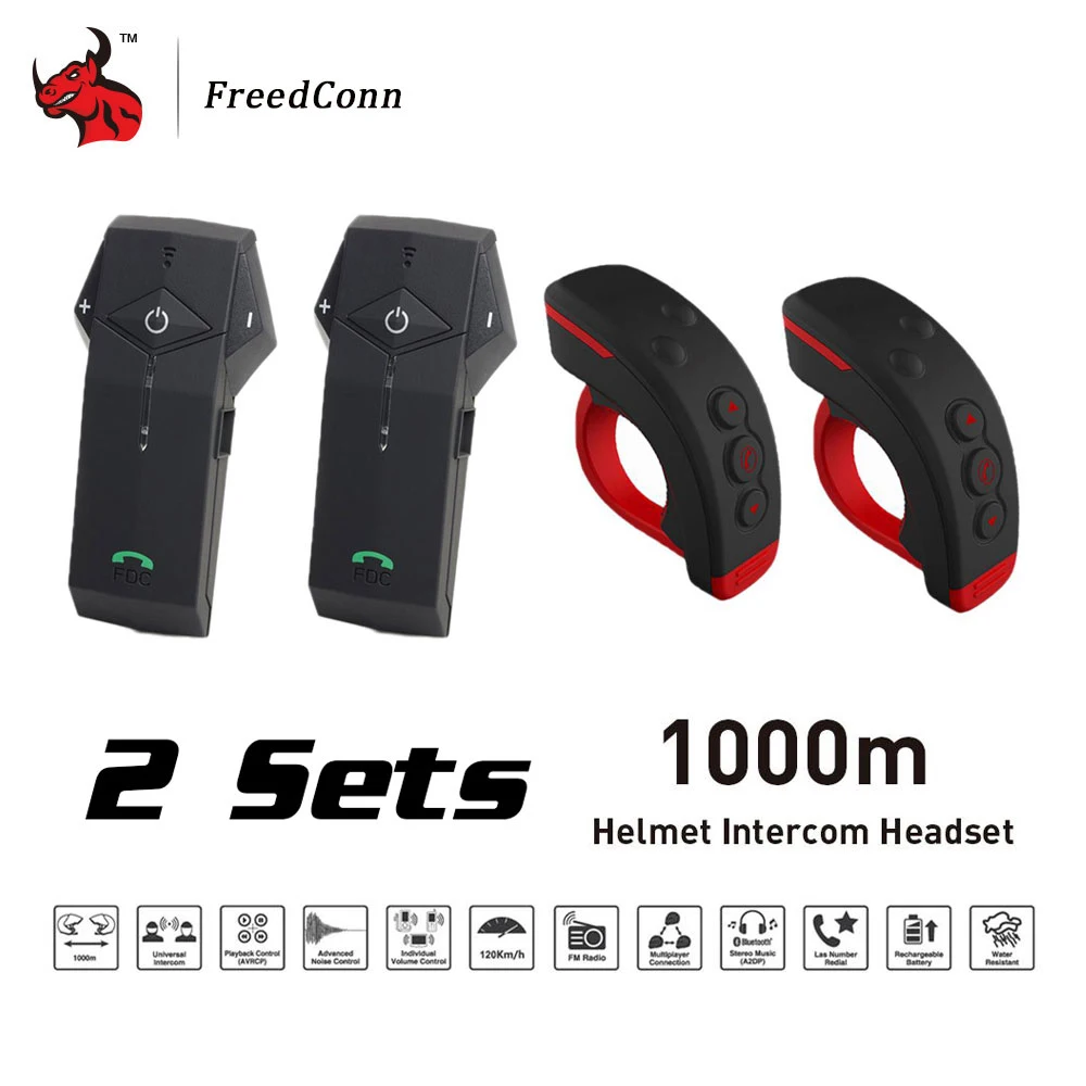 

New 2 Sets 1000M BT Motorcycle Helmet Bluetooth Intercom Interphone Headset with NFC FM Functon + L3 Remote Control