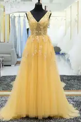Реальные фотографии, желтые тюлевые кружевные вечерние платья трапециевидной формы с v-образным вырезом, длинные торжественные платья для
