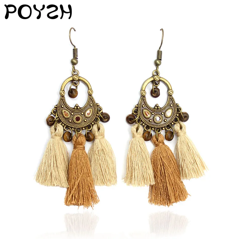 

Ethnic Minority Style Drop Earrings Retro metal ring Wooden beads brown Light grey Tassels Earrings Gypsy woman Wedding jewelry