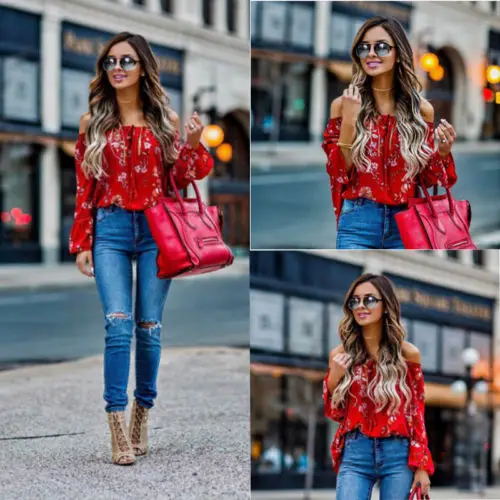Женская блузка с открытыми плечами длинным рукавом и воротником лодочкой|blouse
