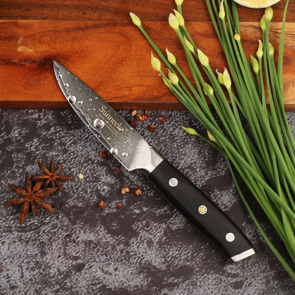 

SUNNECKO 3.5" inch Paring Knife Kitchen Knives Japanese Damascus VG10 Super Steel 60HRC Blade G10 Sanding Handle Cutting Tools
