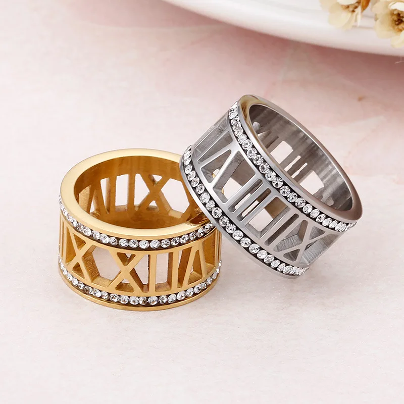 

Bilincolor fashion gold hollow roman numberal fashion simple stainless steel women and men large big ring free shipping
