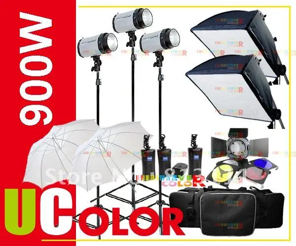 900W STROBE STUDIO FLASH LIGHT KIT LIGHTING PHOTOGRAPH 3 X 300W