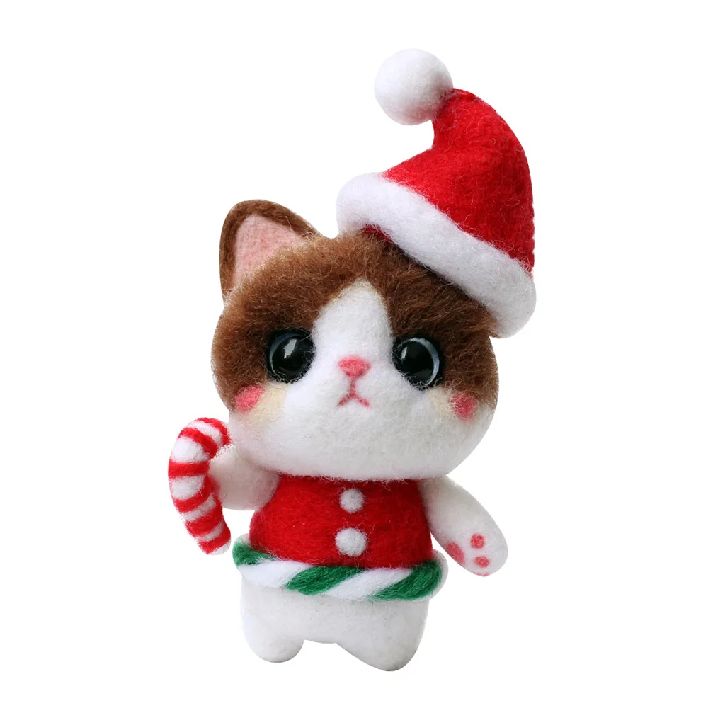 Novelty Cat Felt Craft Kit Wear Christmas Hat Animal Wool Needle Felting for Kids Children Funny Gift
