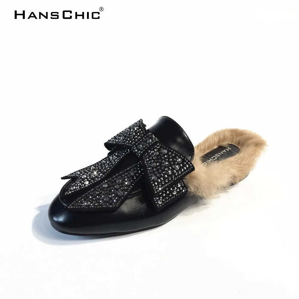 

HANSCHIC 2017 New Arrival Black Crystal Rhinestone Bowknot Design Retro Style Ladies Womens Slippers Sandals for Female 2079