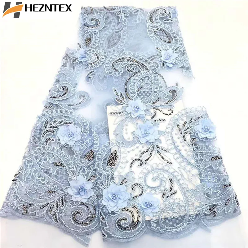 

Luxury French Lace Fabric 3D Flowers Embroidered African Tulle Lace Fabric With Beads African Lace Fabric For Wedding CDA151-1