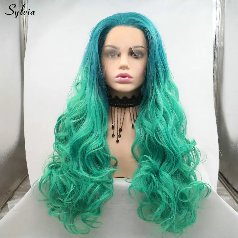 Sylvia Free Part Hair Ombre Malachite green Synthetic Lace Front Wig Women's Cosplay 2T Mermaid Color High Temperature Body Wave