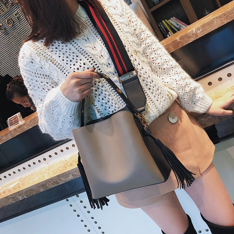 Janespri Women Tassel Handbag Tote High Quality Women Shoulder Bag Luxury Brand Soft Leather Bucket Bag Fashion Women's Handbag (25)