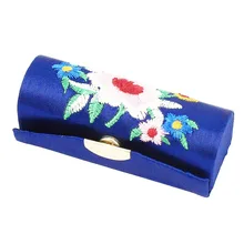 Леди Цветочная вышивка зеркало блеск для губ Губная помада Чехол ювелирных изделий губная помада коробка держатель темно-синий