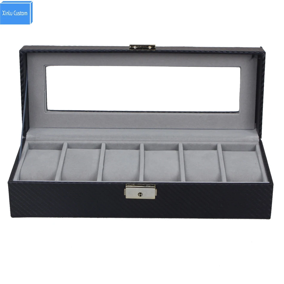 Elegant Carbon Fiber 6 Grids Display Gift Watch Winding Box Men&women's