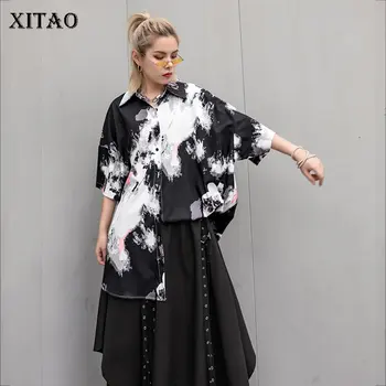 

[XITAO] 2019 New Europe Streetwear Three Quarter Sleeve Button Print Turn-down Collar Shirt Fashion Women Summer Blouse ZQ1476