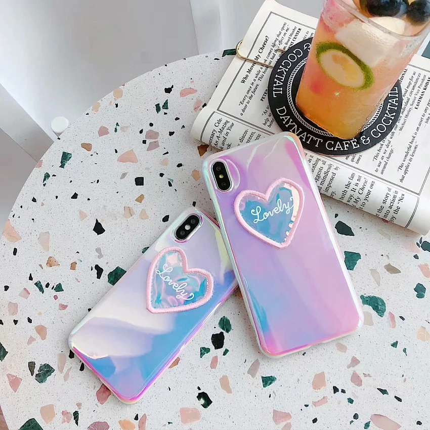 PINK LIPS Blu-Ray Love Heart Laser Mirror Phone Case For iPhone 6 6S 7 8 Plus X XS MAX XR Beautiful Soft IMD Phone Cases Fundas (1)