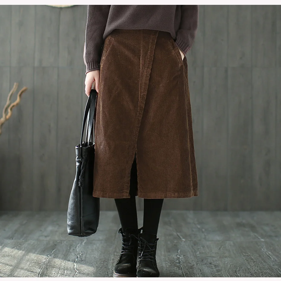 

Women Corduroy Split Slit Skirt Retro Vintage Fashion Thick for Autumn Winter Long Midi Loose Elastic Waist Skirt AZ39263223