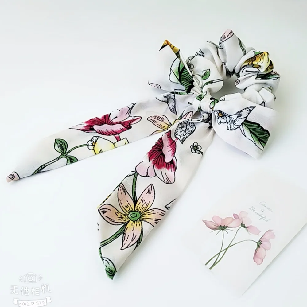 AWAYTR Print Chiffon Scrunchie Elastic Hair Band Bow Hair Ropes Sweet Ladies Head Band Girls Hair Ties Women Hair Accessories