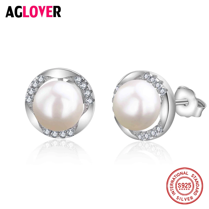 

Sterling 925 Silver Pearl CZ Earrings 100% Natural Freshwater 6-7mm Pearl Stud Earrings For Women Engagement Earring Jewelry