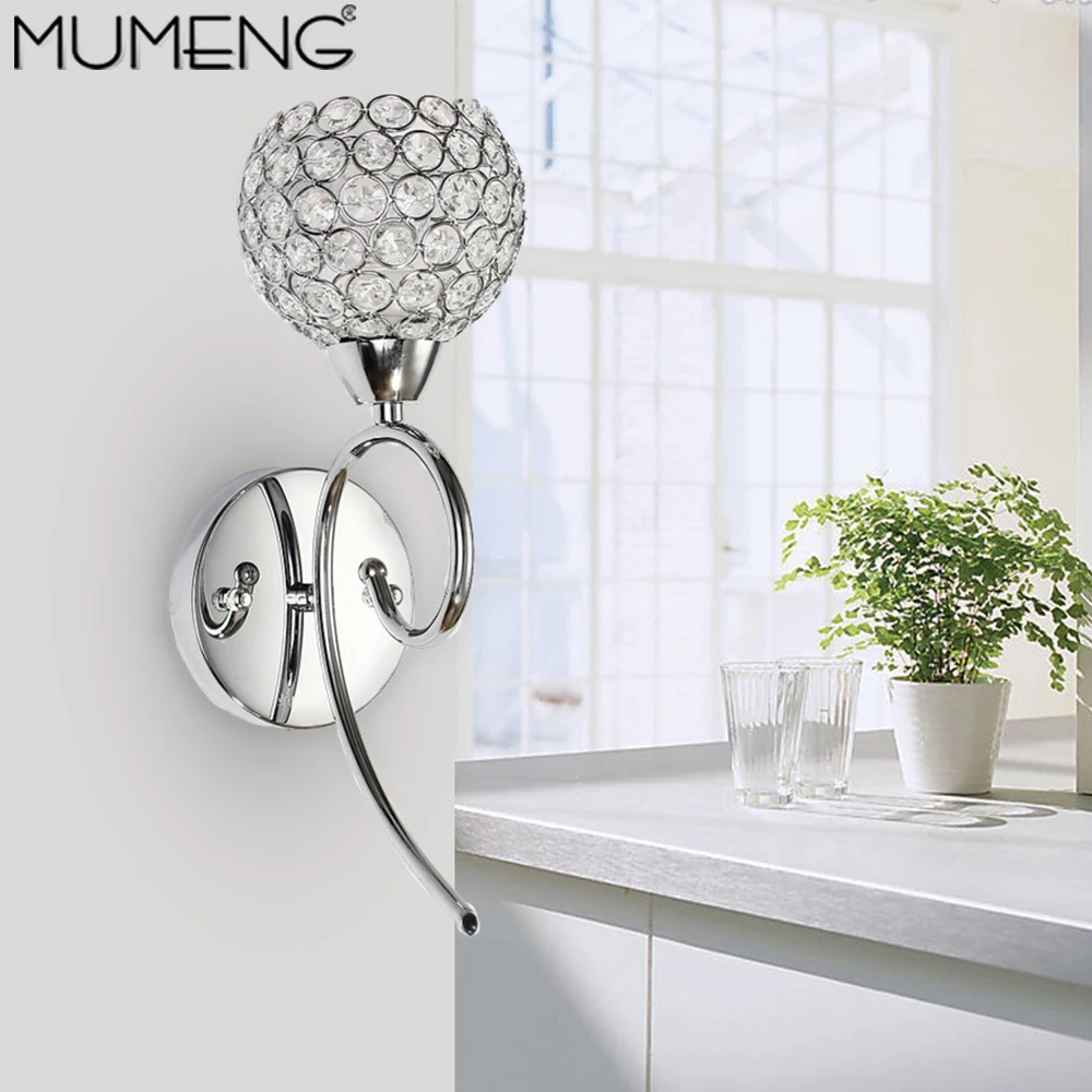 

mumeng K9 Crystal Wall Lamp Modern Ball Bedroom Stair Light Silver Sconces 110V 220V Bed Lamp iron chrom Fixture fit E14 Bulb