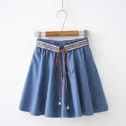 2019 летние джинсовая мини-юбка модные Лоскутные Drawstring талии трапециевидной формы юбки весна повседневные женские джинсовые юбки Одежда