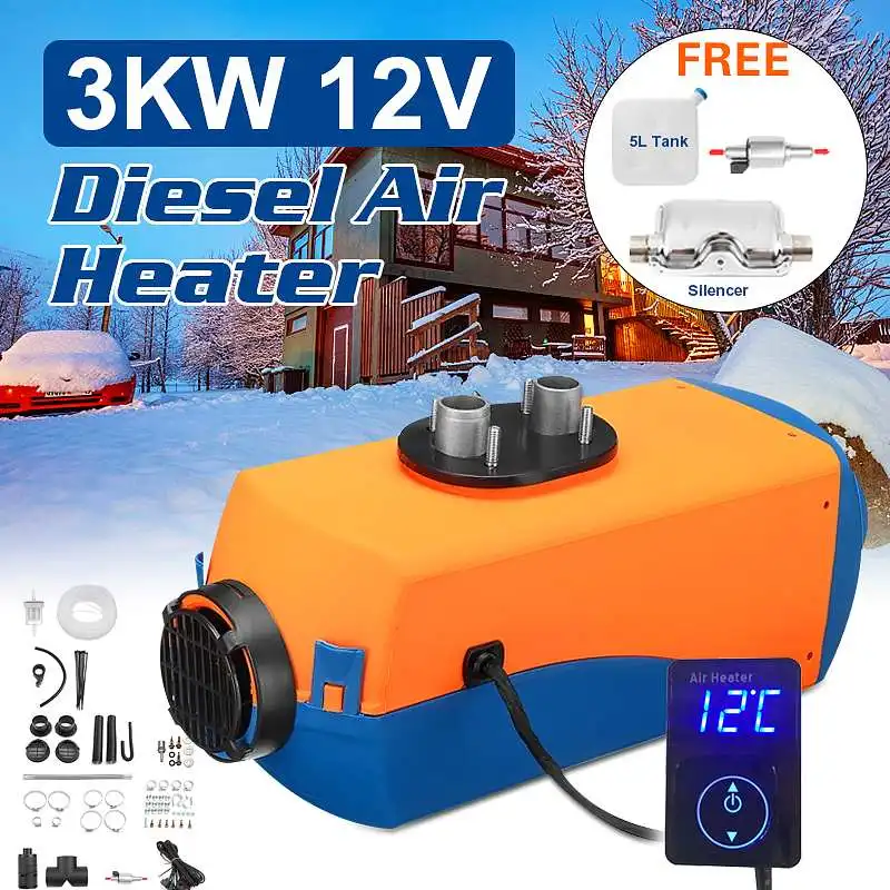 

HCalory 2KW 12V Car Fuel Heater Parking Warmer Free Silencer Kit Digital Knob Camping Travel Skiing Driving Home Truck Motorhome