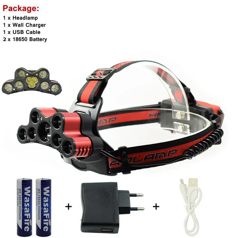 

Camping Light 7 * XML T6 + 2 * XPE Q5 LED Headlamp 9 LED Head Lamp 6 Mode Head Torch USB Rechargeable With 18650 Battery+Charger