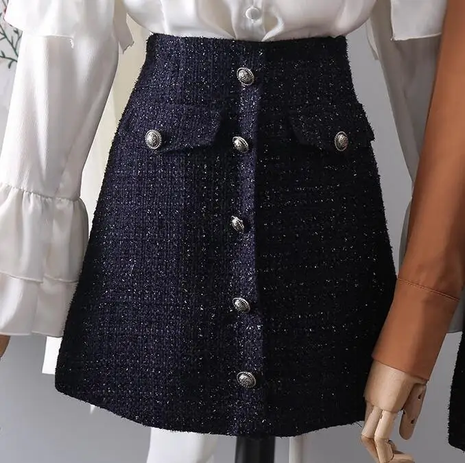 

Luxury 2019 Spring Autumn Women Button Design Woolen Blend Tweed Casual Mini Skirt A002