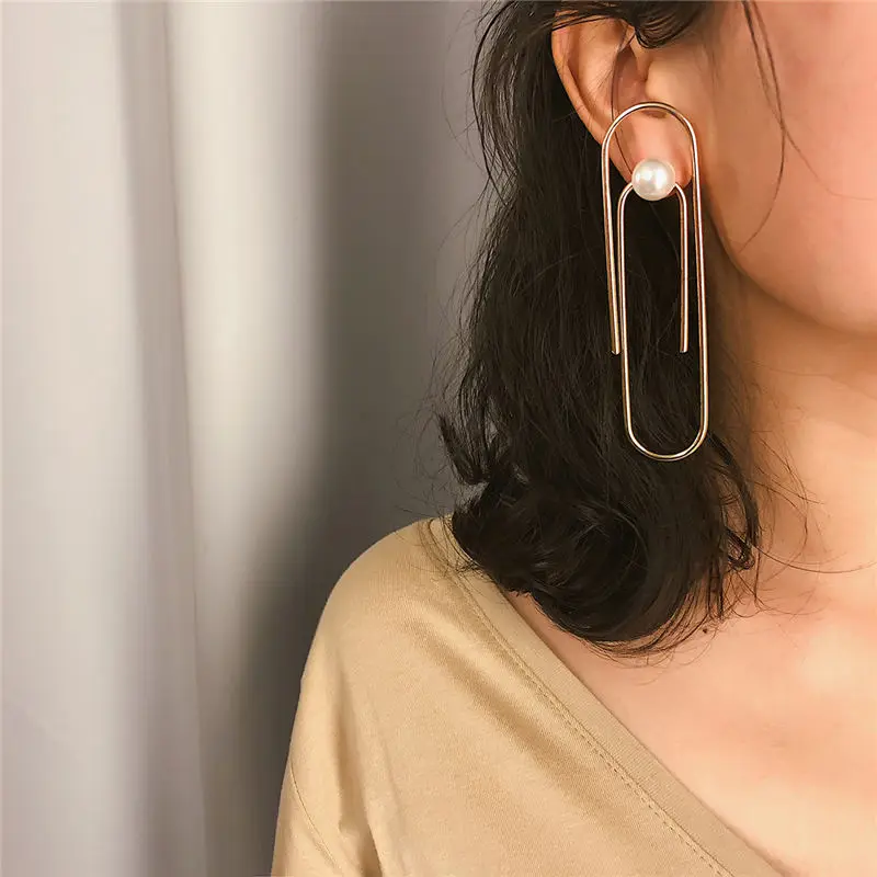 

Free Shipping Party Punk Personality Alloy Safety Pin Stud Earring,Women Alloy Gold Color Fashion Pearl Beads Stud Jewelry