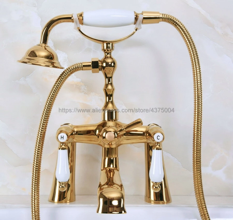 Bathtub Faucets Golden Telephone Bathtub Faucet Mixer Tap w/ Hand Shower Bath Shower Tub Faucet Dual Handles Nna140