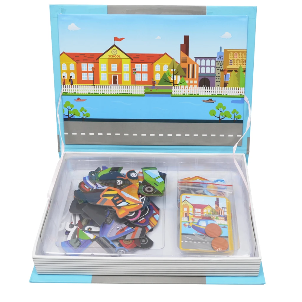 77Pcs/ Set Magnetic Puzzles Book Educational Drawing Toys 3D Vehicle Matching Jigsaw for Baby Toddlers Cognition Developmental