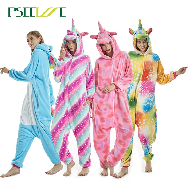 

PSEEWE NEW Winter Unicorn Pajamas Stitch Animal Sleepwear onesie Women Men Unisex Adult Flannel Nightie Home clothes Sets