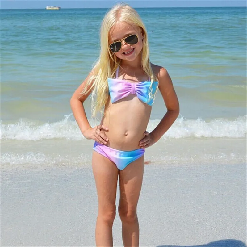 2017 2PCS Baby Girl Summer Blue dye bowknot ruffles Swimwear Kids