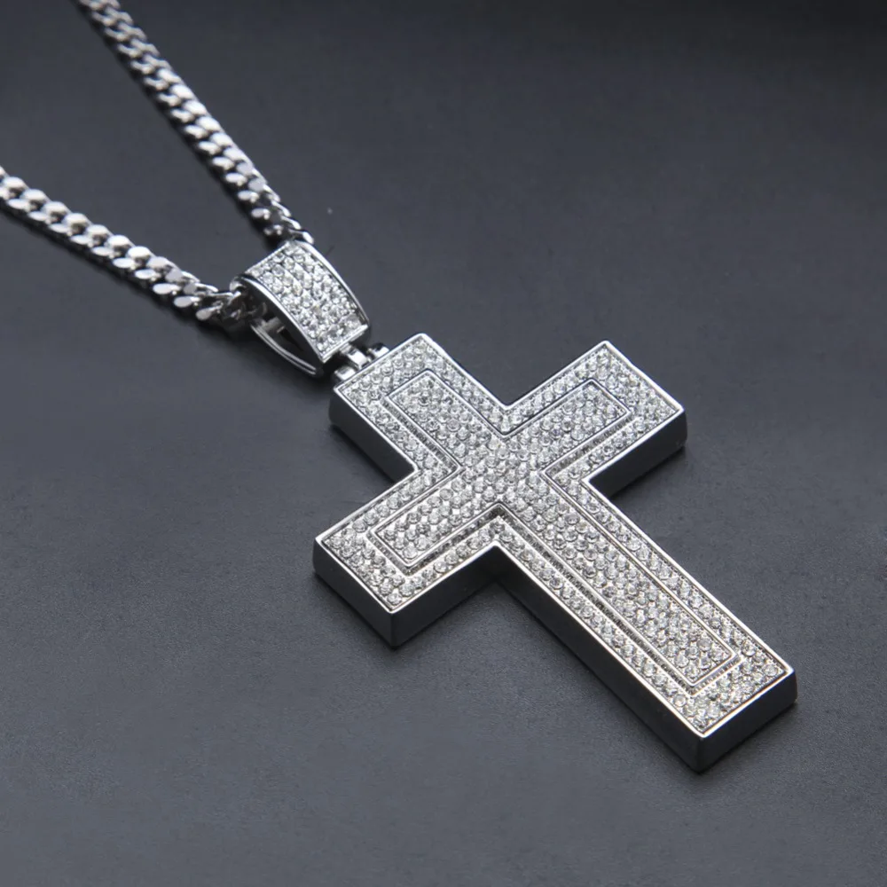 Bling bling Iced Out Necklace for Men White Gold Filled Hip hop Cross
